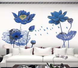 Affiche Vintage fleur de Lotus bleue, papier peint 3D, autocollants muraux de Style chinois, bricolage créatif, salon, chambre à coucher, décoration de maison, Art6157496