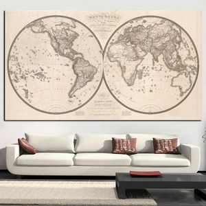 Vintage poster print Earth Moon World Map schilderen oostelijke westerse hemisferen moderne muurfoto voor woonkamer cuadros decor