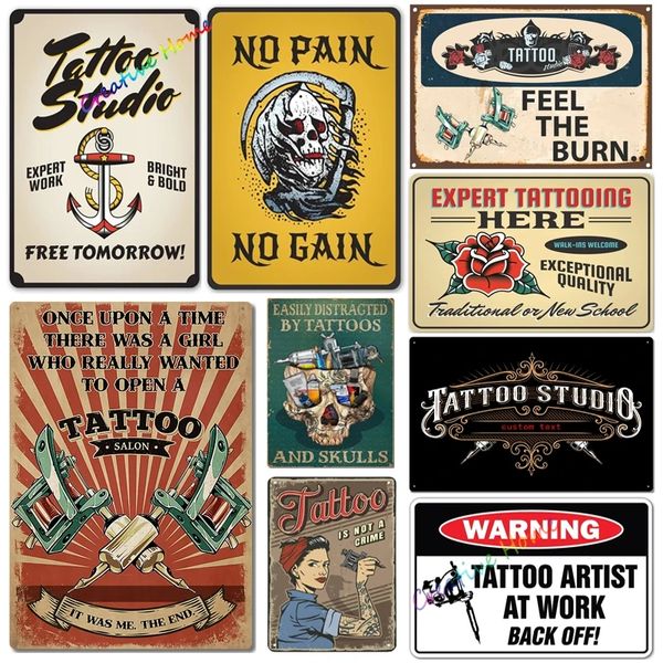 Vintage Poster Tattoo Studio Nom de l'entreprise Tin Sign Metal Plaque Shop Bar Pub Coffee Shop Décoration murale Vintage Metal Plate 20x30cm Woo