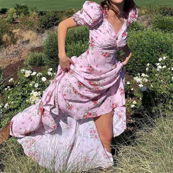 Vintage Prairie Chic Floral longue robe décontracté mince manches courtes bouffantes col en v pli robes femmes mode vacances 90S 210529