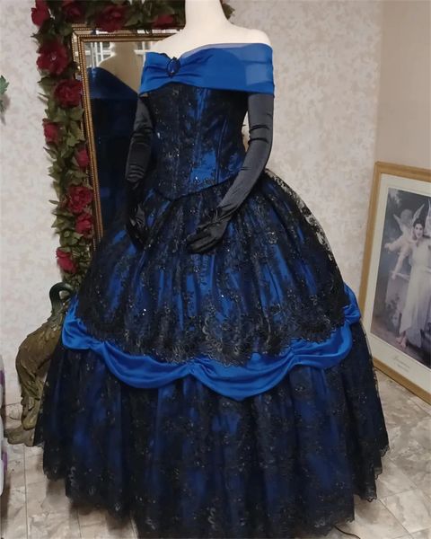 Vestidos de baile de graduación de princesa vintage Black and Royal Blue Gothic Nighting Vesing para mujeres fuera del hombro Longitud del piso del piso Vestido 2024