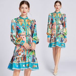 Mini vestido azul con estampado vintage Otoño Invierno Mujer Diseñador Manga larga Cuello alto con cordones Vestidos acampanados elegantes 2023 Fiesta de vacaciones Vestidos elegantes y delgados con volantes