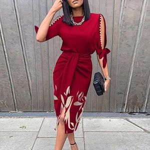 Vintage Print Elegant Women Folds Slim Dress Casual Hollow Out Patchwork Half Sleeve Female Summer Round Neck Party