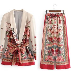 Vintage print vrouwelijk jasje met riem breed poot pant pak set Harajuku dames jas lente elegante outdarnende dame blazer 201030