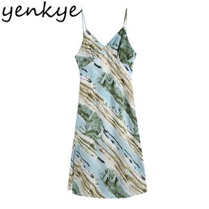 Vintage Print Holiday Sexy Sling Dress Dames V-hals Mouwloze Side Slits A-lijn Midi Zomer Dame Backless Vestido 210430