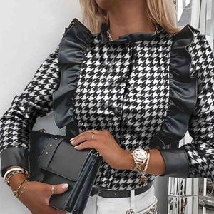 Vintage Print Houndstooth Faux Lederen Patched Ruches Blouse Shirt Mode Vrouwen Lange Mouw Harajuku Blouses Tops Vrouw 210415