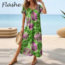 Imprimé vintage Long Dres décontracté o cou divisé les robes de fleur maxi pour femmes robe de fête lâche boho y240326