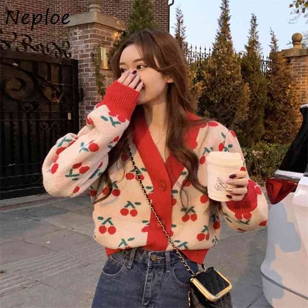 Vintage Print Loose Crazy Style Pull en tricot Cardigans Femmes Col V Simple Poitrine À Manches Longues Pull Femme Printemps Sueter 210422