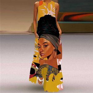 Vintage Print Maxi Kleid Für Frauen Sommer Mode Ärmelloses V-ausschnitt Sommerkleid Mit Tasche Beiläufige Lange Kleider Vestidos Robe Maje