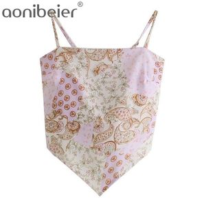 Vintage Print Zomer Dames Cami Crop Tops Mode Shirred Lace-Up Onregelmatige Hem Casual Vrouwelijke Slanke Camisole 210604