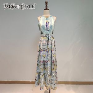 Vintage imprimé robe pour femmes O cou sans manches taille haute ceintures Hit couleur Maxi robes femme mode élégant 210520