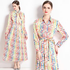 Camisa estampada vintage Vestido largo Manga completa Elegante Diseñador de pasarela Botón de solapa para mujer Vestidos largos con lazo 2023 Vestidos de fiesta de cóctel delgados de oficina para mujer