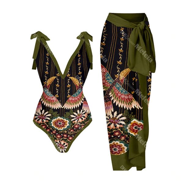 Traje de baño estampado Vintage, conjunto de dos piezas, Bikinis de vacaciones de aguas termales, traje de baño sin espalda, vestido de playa para mujer, traje de baño de estilo bohemio