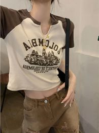 Tshirt imprimé vintage Slim vneck crop top y2k esthétique à manches courtes Streetwear grunge tee coréen version pliants 240402