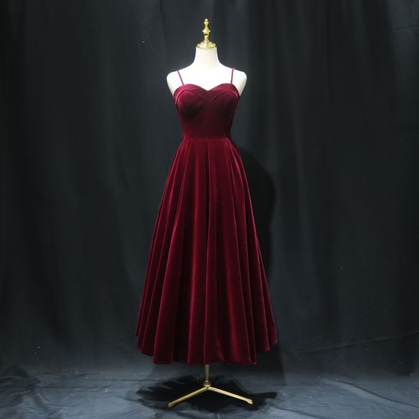 Robe de bal Vintage en velours bordeaux, avec fermeture éclair au dos, longueur cheville, de haute qualité, sur mesure, acceptée