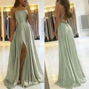 Vintage robes de bal sans manches vert sauge clair volants fendu une ligne formelle dos nu mince solide réservoir robes de soirée248Z