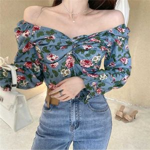 Vintage Puff Sleeve Floral Blouse Femmes Printemps Slash Cou Mousseline Tops Femme Français Casual Dames Sexy Party Vêtements 210604