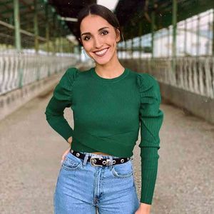 Vintage manches bouffantes pull vert femmes pulls tricotés slim streetwear crop pull automne hiver rétro pull doux pull 210415