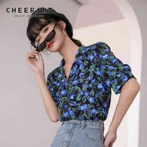 Vintage Puff Sleeve Summer Blouse Flower Shirt Dames Revers Korte Blauwe Floral Top Button Up Korean 210427