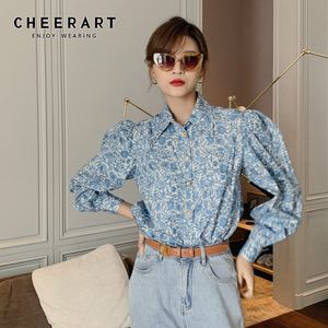 Vintage Puff Sleeve Top Court Long Blouse Dames Button Down Shirt Blue Floral Print Dames Herfst 210427