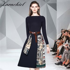 Vintage pull pull patchwork impression robe plissée 2020 automne hiver femmes à manches longues tricoté ceintures bureau robe mi-longue LJ201202