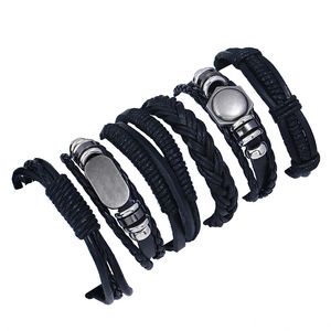 Pulseras punk vintage 6 piezas de cuero genuino multicapa con dijes trenzados negros, joyería de moda, pulsera, cuentas de aleación, brazaletes envolventes para mujeres y hombres