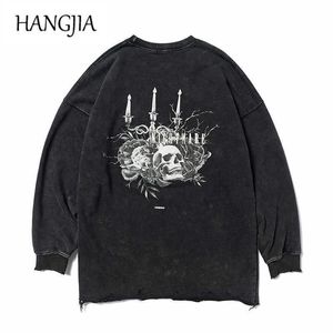 Vintage Punk Kaars Skull Sweatshirt Pullover Hip Hop Gewassen Vernietigd Hoodies Dikke Heren Streetwear Oversized Sweatshirt C0607