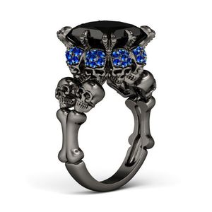 Vintage Punk Mode-sieraden Groothandel Nieuwe Merk 10kt Zwart Goud Gevuld Big Blue Sapphire Diamond Women Wedding Skull Band Ring Geschenkdoos