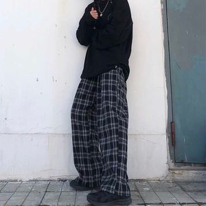 Vintage Punk Harajuku Plaid Hip Hop Pantalon Décontracté Grande Taille Gothique Lâche Droite Noir Style Ins Streetwear Mode 210608