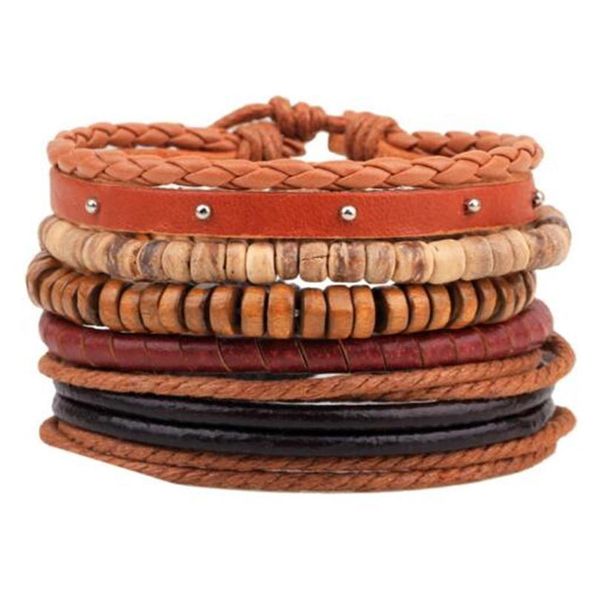 Bracelet en cuir multicouche Punk Vintage pour hommes tressé à la main corde Wrap charmes perles de bois Bracelets bracelets M jllaKG