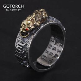 Vintage Puur Zilver S925 Zes Woorden Hart Sutra Ring Mens Verstelbare Gouden Bixie Vajra Boeddhistische Religieuze Fijne Sieraden 240305