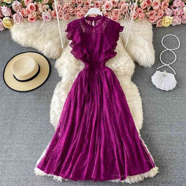 Vintage violet / vert / dentelle rouge midi dres sweet rond cou ruffle vestidos femelle haute taille mince robe printemps automne 210623