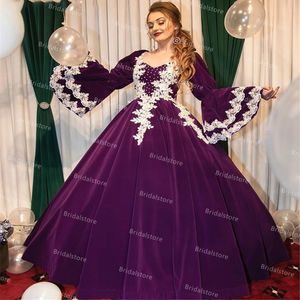 Vintage Paars Kaftan Marokkaanse Avondjurken met Bladerdeeg Mouw Elegante Baljurk Velvet Prom Dress Kant Party Draag Vestidos Fiesta Robe de Soirée 2021