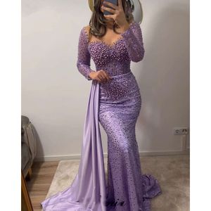 Vintage Purple Prom Dresses 2024 Mermaid Lange mouwen Parels avondvestidos de Noche feest gelegenheid jurken voor vrouwen 0529
