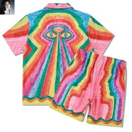 Vintage Rainbow Splic Color Shirts Shorts Set Men Women Women Cuba Collar Hawaii Beach Surf Suit 240507