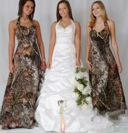 Vintage Realtree Camo Bridesmeisje Jurken 2022 Modest Halter Stain Backless Outdoor Beach Country Camo meid of Honor Wedding Party Jurk