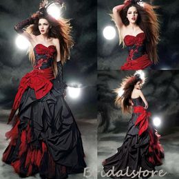 Vintage rojo y negro vestido de novia gótico Victorian Evil Queens plisado satén país vestidos de novia cariño corsé encaje hasta jardín vestidos de novia 2022 Mariage