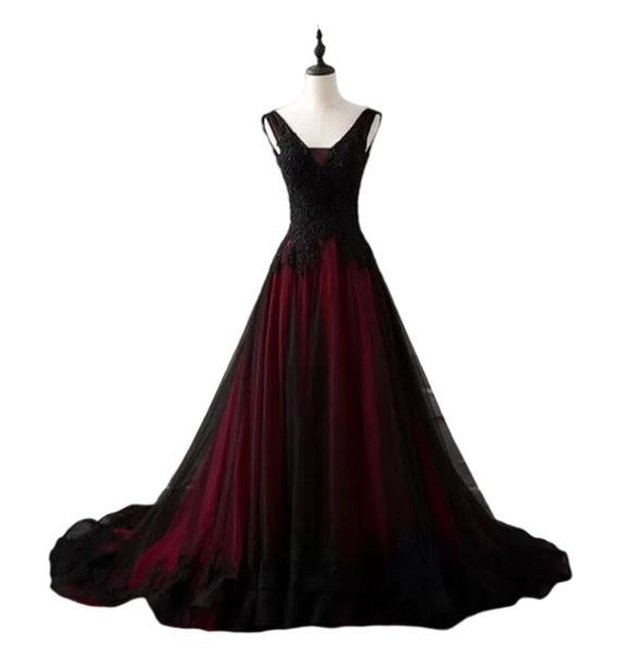 Vintage rouge et noir robe de mariée gothique col en V dentelle perlée appliques A-ligne longue tulle Vintage non blanc sans manches robes de mariée, plus la taille 2023