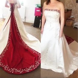 Vintage rouge et blanc satin une ligne robes de mariée 2024 Image réelle grande taille broderie robes de mariée perlées pour robe de mariée de pays de jardin