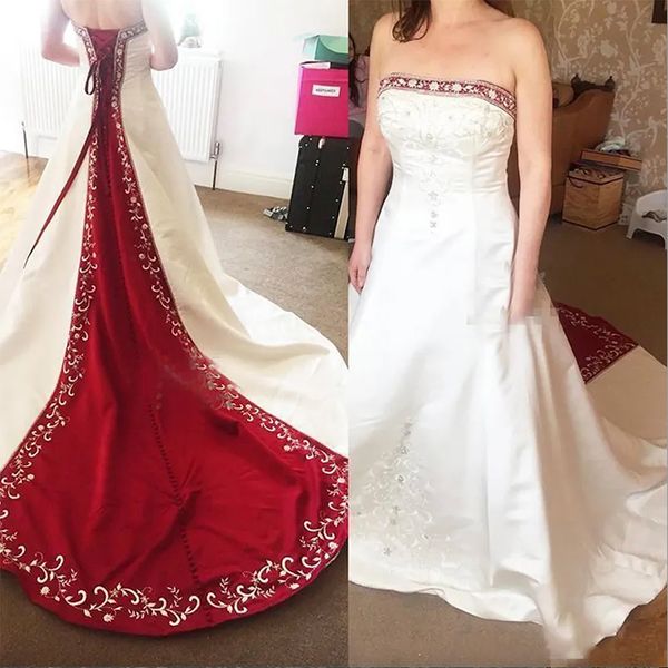 Vestidos de novia de una línea de satén rojo y blanco vintage 2024 Imagen real Vestidos de novia con cuentas bordados de talla grande para vestido de novia de campo en el jardín