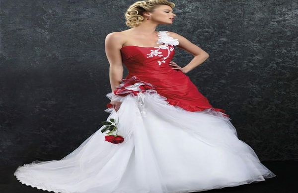 Vestido de novia rojo y blanco vintage para mujeres 2022 una línea de un hombro. Vestidos nupciales APLiques de encaje floral 3D de talla grande Coun7010663