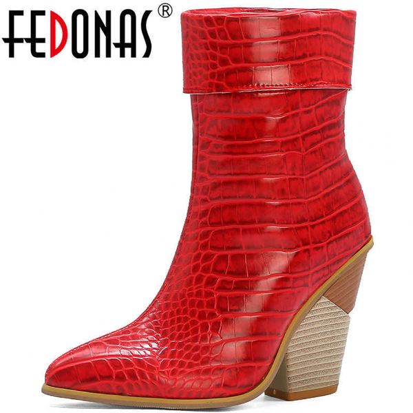Bottines rouges vintage pour femmes pointues talons hauts automne hiver boîte de nuit chaussures de bureau femme 210528