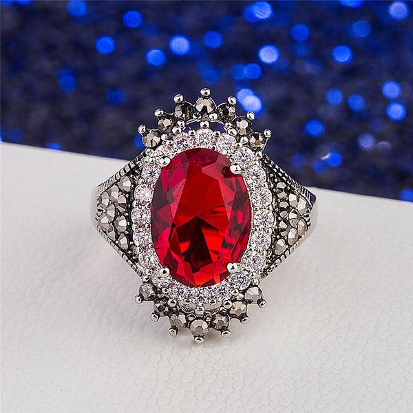 Vintage Rouge Bleu Strass Réglable Bague De Fiançailles Femmes Cristal De Luxe Rétro Cuivre Plaqué Thai Argent Doigt Bijoux Femme Accessoire De Mariage