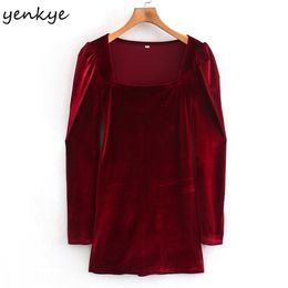 Mini abito aderente rosso vintage da donna con scollo quadrato a maniche lunghe sexy a matita primavera Vestido Mujer 210514