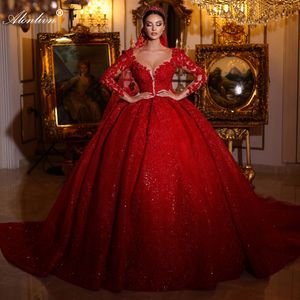 Vintage rode kleur illusie nek volle mouwen kogel jurk trouwjurk kralen borduurwerkapplicaties prinses bruidsjurken geborduurd met bling kanten