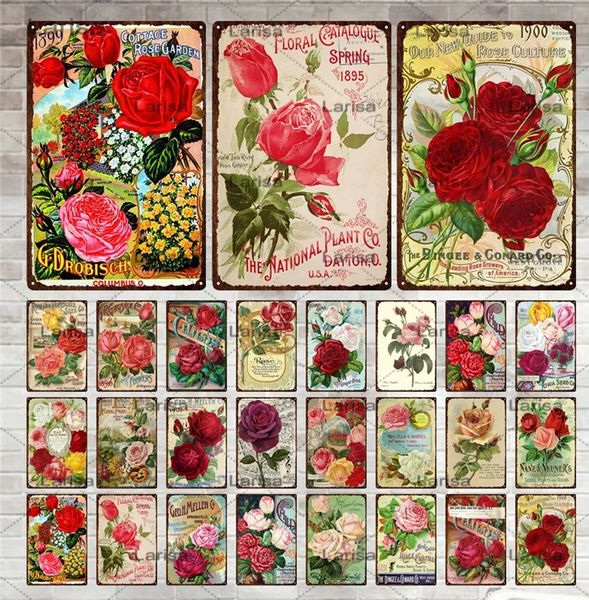 Vintage Rouge Rose En Métal Signe En Métal Peinture Plaque Rose Rose Plaques Décor pour Pub Bar Maison Mur Décor Tin Signes Fleurs Affiche 30X20cm W03