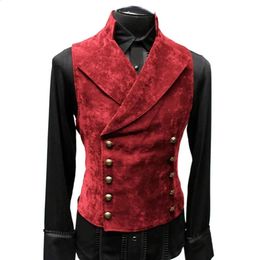 Vintage Rood Suede Pak Vest Heren Vest Opstaande Kraag Effen Kleur Double Breasted Slim-Fit Vest Steampunk Gilet Homme 240117