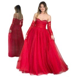 Vintage rode lieverd een lijn galajurken plooi afneembare mouw speciale Ocn-jurk glitter tule met kralen vestido de soiree 326 326