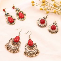 Boucles d'oreilles enr￴les de turquoises rouges vintage pour les femmes boucles d'oreilles de couleurs de couleur or