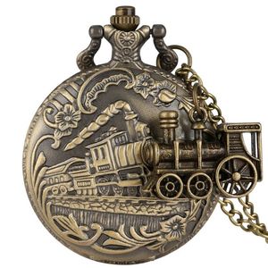 Reloj de bolsillo de tren de vapor 3D Retro Vintage con collar, cadena, diseño de locomotora, reloj de cuarzo antiguo para hombres y mujeres, regalo Collectab330J